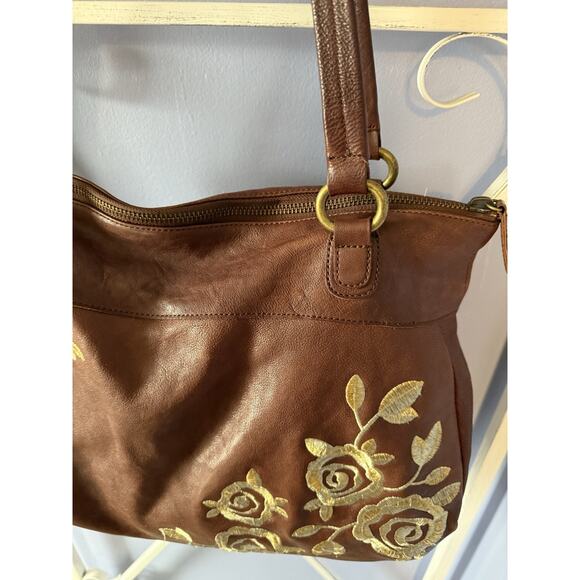 Anthropologie Brown Leather Bag With Gold Rose Embroidered Fairy Princess - Picture 3 of 10